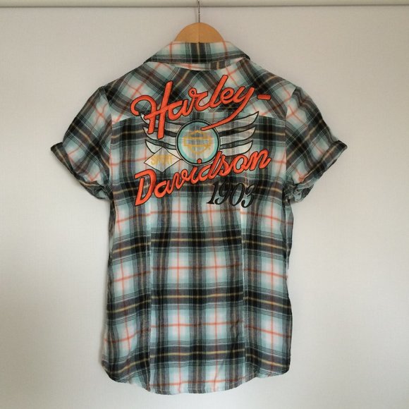 Harley-Davidson Womens Embroidered Blouse Small Plaid Pearl Snap Cap Sleeve - Picture 1 of 8